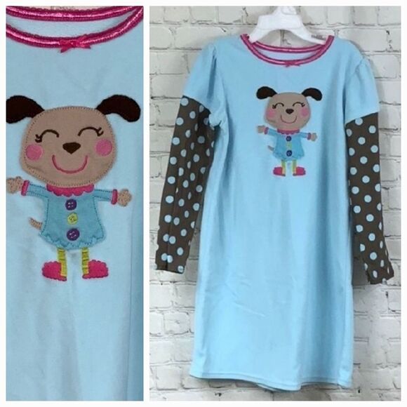 Carter’s Nightgown Girls Blue Fleece Dog Brown Polka Dot Medium 6/6X PJ Gown - Picture 1 of 6